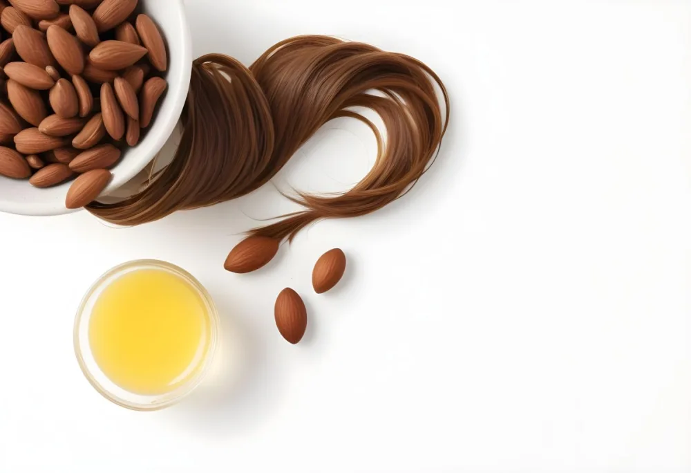 A Close Up Of Brown Hair Strands A Bowl Of Yellow Liquid And Some Almonds On A White Background 22 001a
