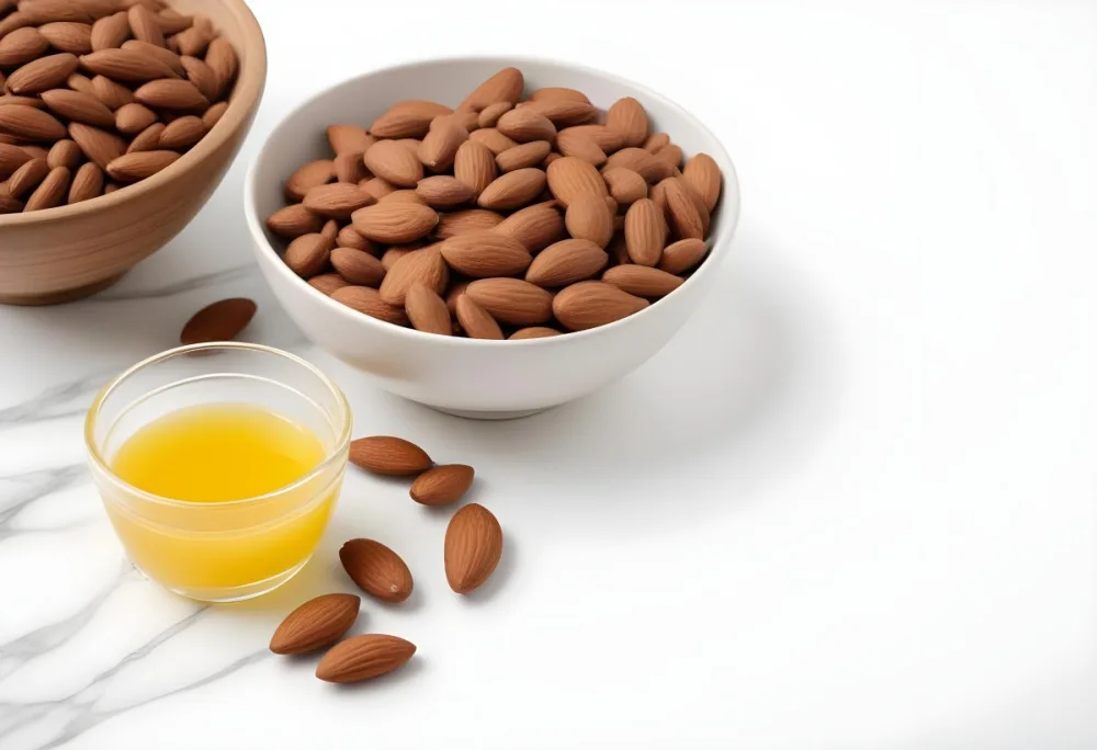 A Close Up Of Brown Hair Strands A Bowl Of Yellow Liquid And Some Almonds On A White Background 26 55a6