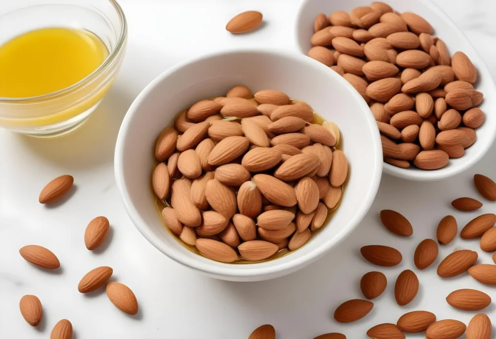 A Close Up Of Brown Hair Strands A Bowl Of Yellow Liquid And Some Almonds On A White Background 27 Bf08