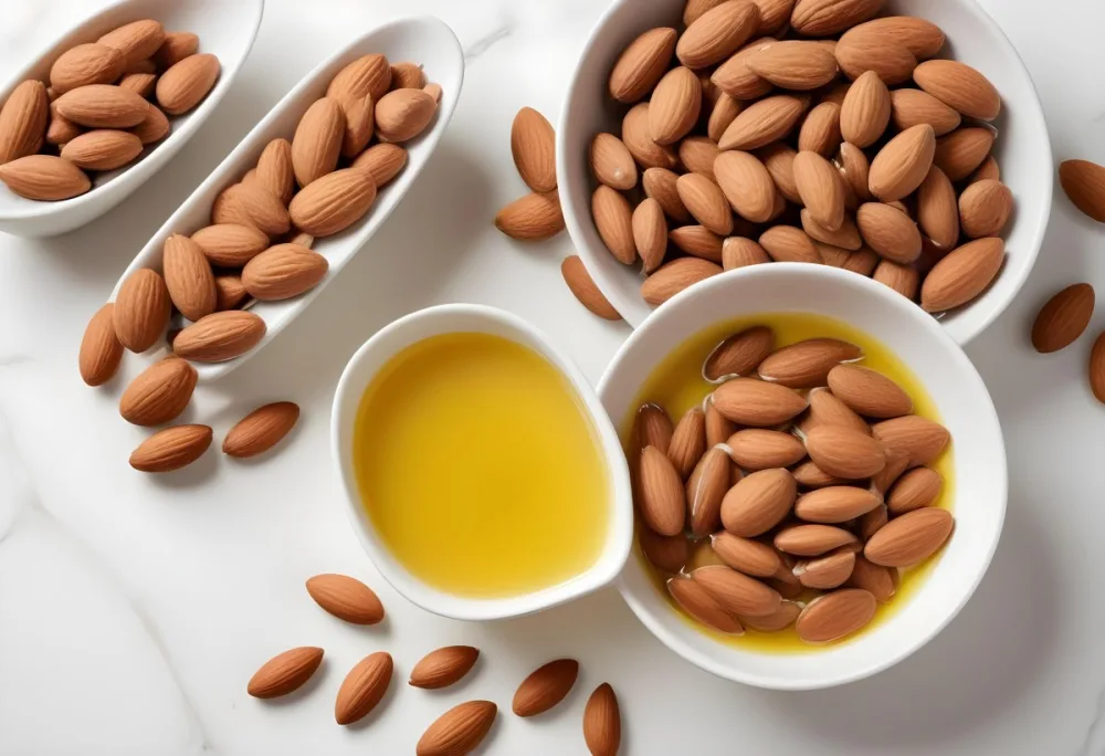 A Close Up Of Brown Hair Strands A Bowl Of Yellow Liquid And Some Almonds On A White Background 31 570e