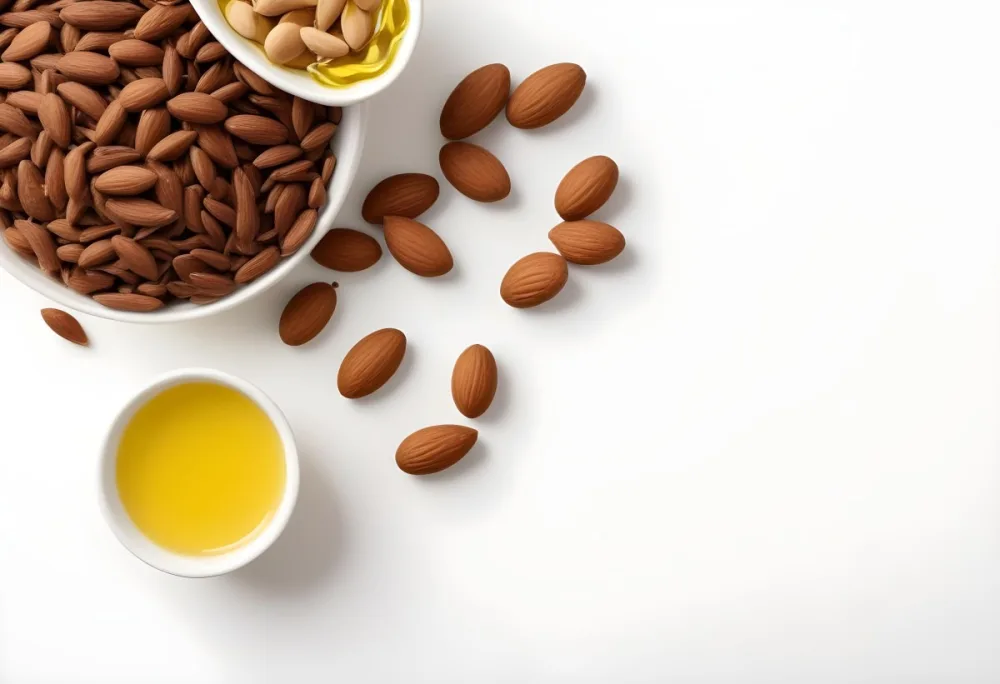 A Close Up Of Brown Hair Strands A Bowl Of Yellow Liquid And Some Almonds On A White Background 37 982f