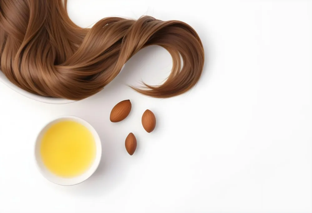 A Close Up Of Brown Hair Strands A Bowl Of Yellow Liquid And Some Almonds On A White Background 39 14fd