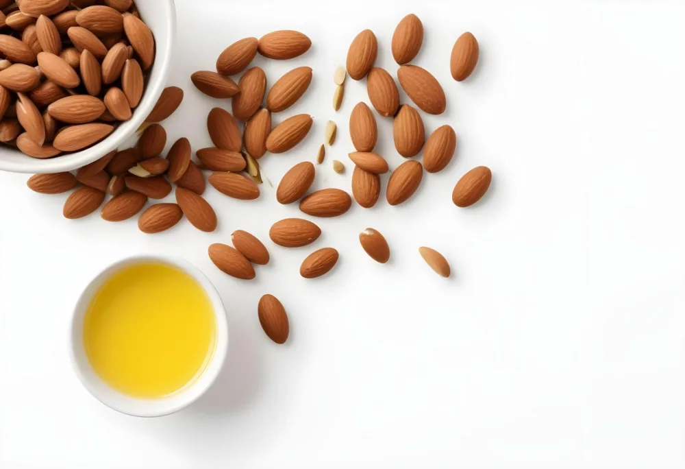 A Close Up Of Brown Hair Strands A Bowl Of Yellow Liquid And Some Almonds On A White Background 48 5635