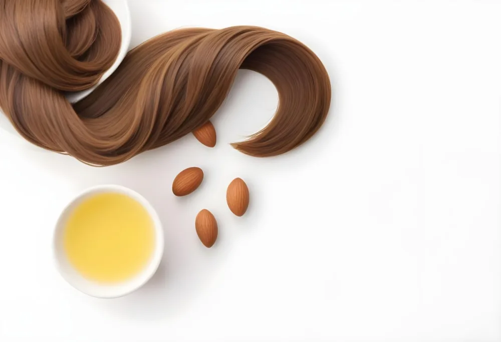 A Close Up Of Brown Hair Strands A Bowl Of Yellow Liquid And Some Almonds On A White Background 50 80b2