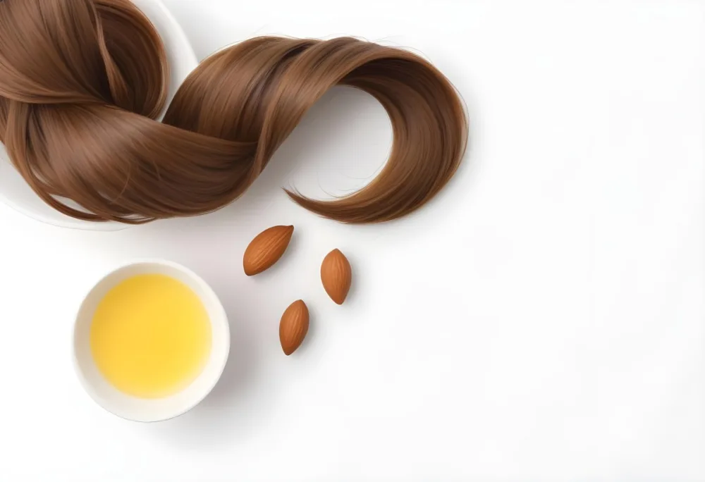 A Close Up Of Brown Hair Strands A Bowl Of Yellow Liquid And Some Almonds On A White Background 53 9dde