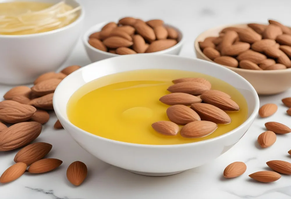 A Close Up Of Brown Hair Strands A Bowl Of Yellow Liquid And Some Almonds On A White Background 7 3630
