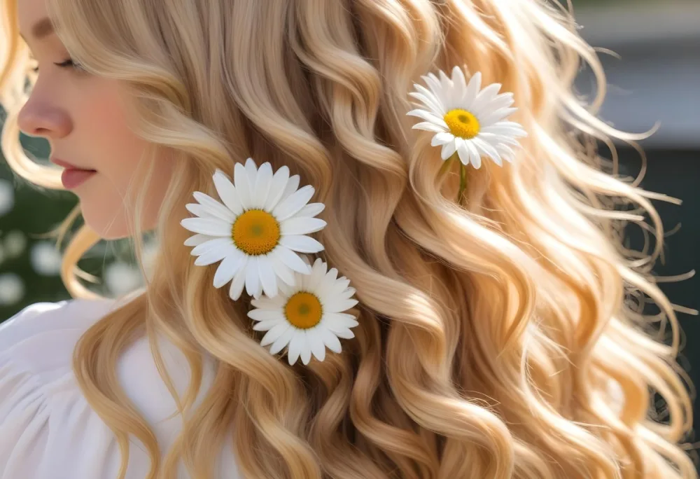 A Close Up Of Long Wavy Blonde Hair With White Daisy Flowers Woven Throughout In Bright Sunlight 10