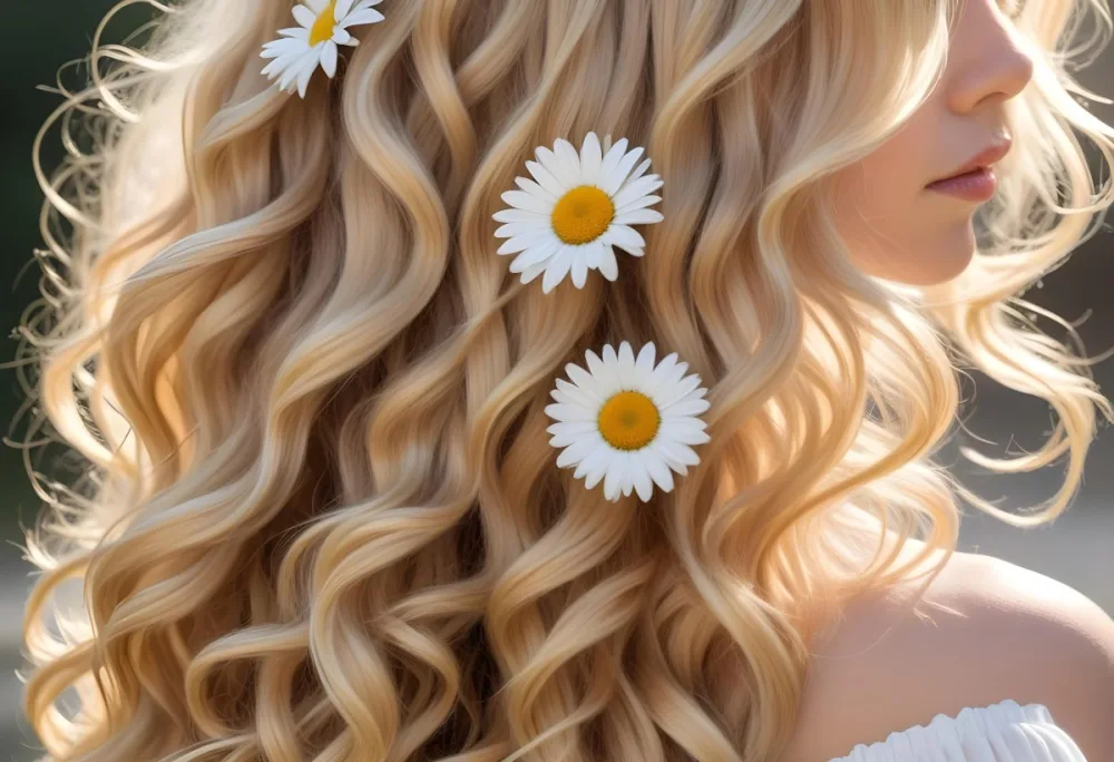 A Close Up Of Long Wavy Blonde Hair With White Daisy Flowers Woven Throughout In Bright Sunlight 11 9597