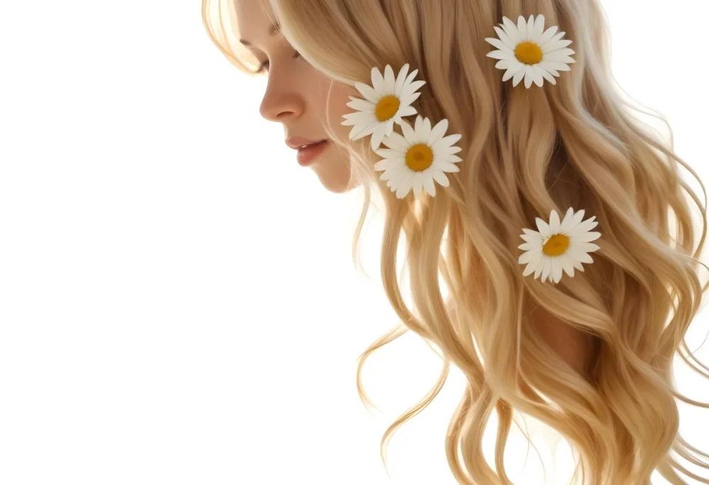 A Close Up Of Long Wavy Blonde Hair With White Daisy Flowers Woven Throughout In Bright Sunlight 19 A3d0