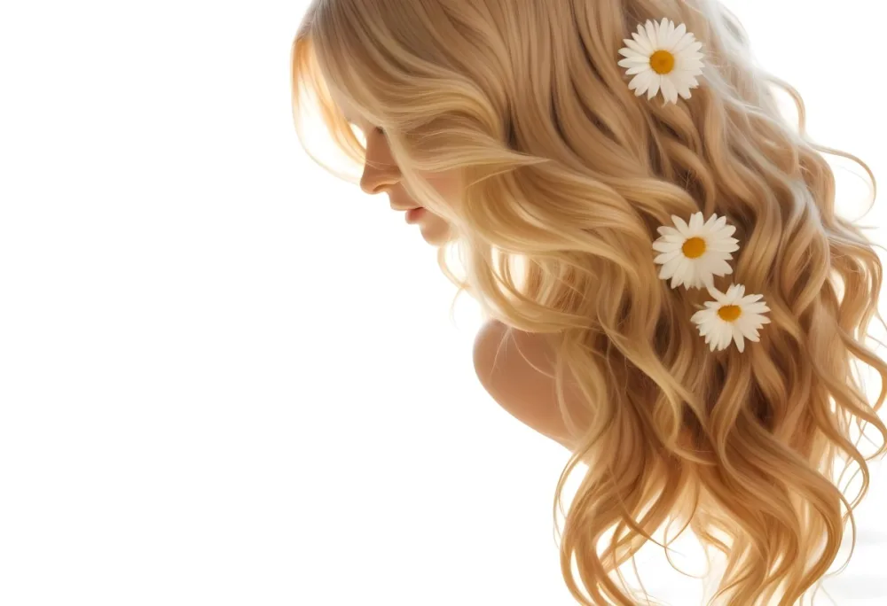 A Close Up Of Long Wavy Blonde Hair With White Daisy Flowers Woven Throughout In Bright Sunlight 21 F5ef
