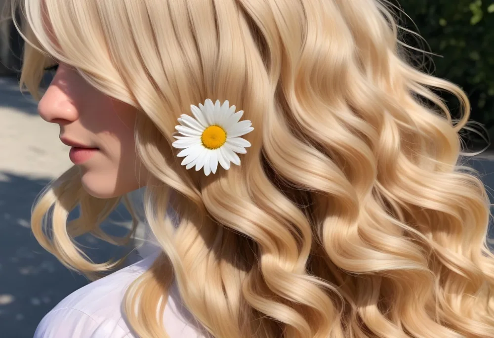 A Close Up Of Long Wavy Blonde Hair With White Daisy Flowers Woven Throughout In Bright Sunlight 6 Aa29
