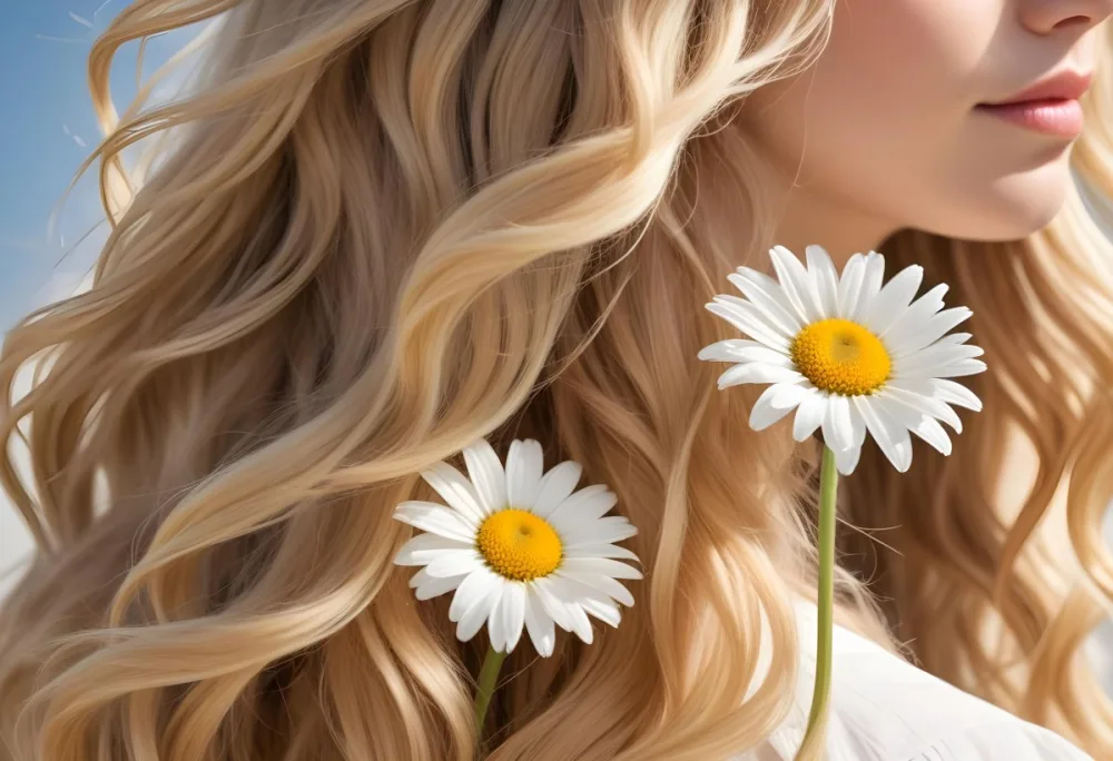 A Close Up Of Long Wavy Blonde Hair With White Daisy Flowers Woven Throughout In Bright Sunlight 9 C567