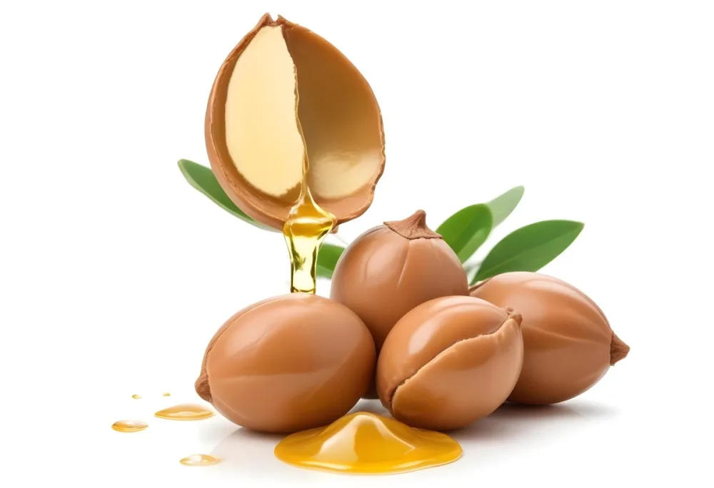 A Close Up Of Several Argan Nuts With Cracked Shells Revealing The Golden Argan Oil Inside The Argan Nuts Are Surrounded By Green Leaves Highlighting The Natural Setting 15 123a