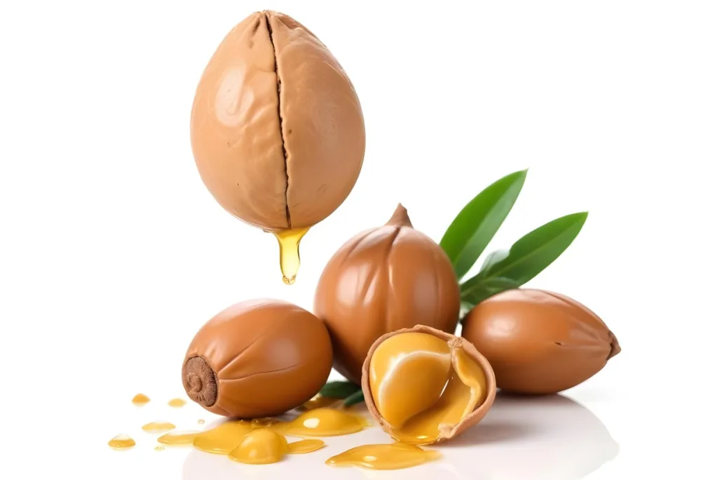 A Close Up Of Several Argan Nuts With Cracked Shells Revealing The Golden Argan Oil Inside The Argan Nuts Are Surrounded By Green Leaves Highlighting The Natural Setting 2 5223