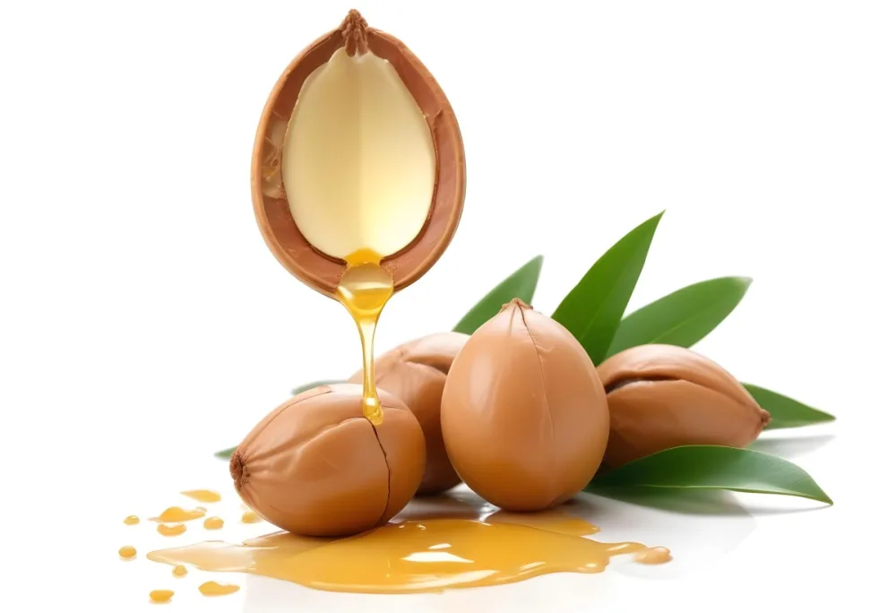 A Close Up Of Several Argan Nuts With Cracked Shells Revealing The Golden Argan Oil Inside The Argan Nuts Are Surrounded By Green Leaves Highlighting The Natural Setting 3 0c7c