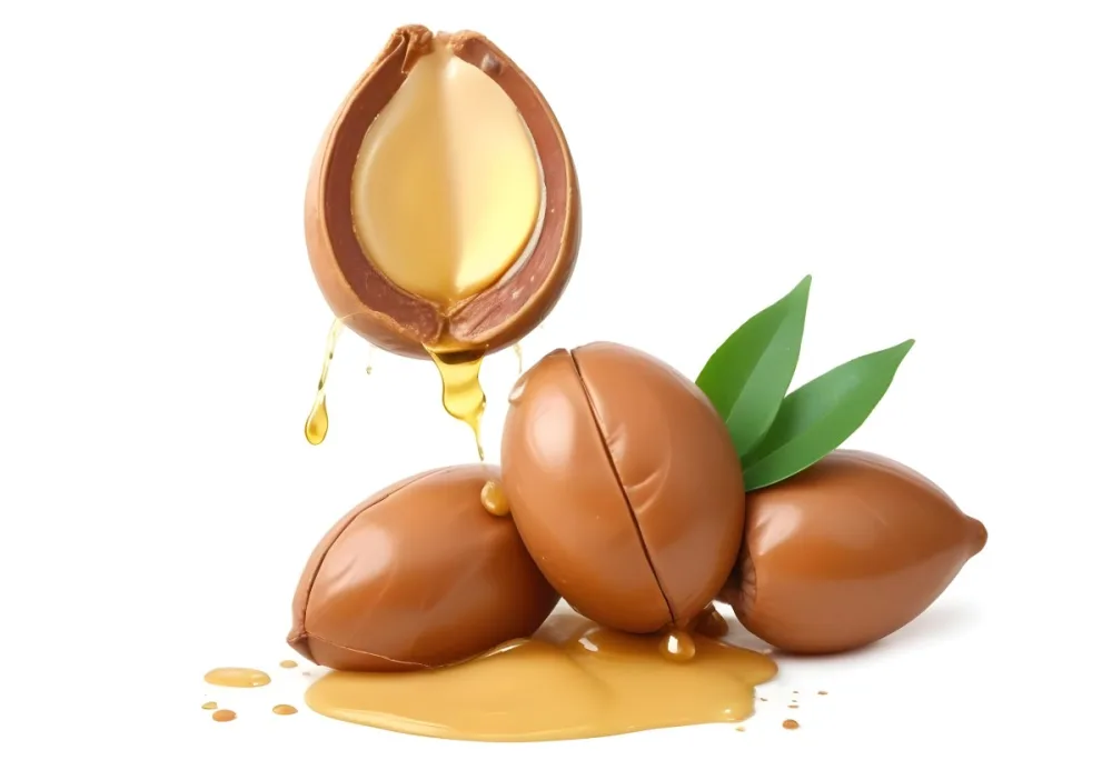 A Close Up Of Several Argan Nuts With Cracked Shells Revealing The Golden Argan Oil Inside The Argan Nuts Are Surrounded By Green Leaves Highlighting The Natural Setting 8 D29d