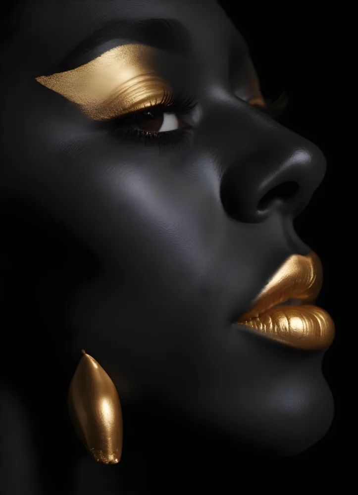 A Close Up Portrait Of A Black Woman With Golden Makeup And Lips Against A Dark Background 7 D874