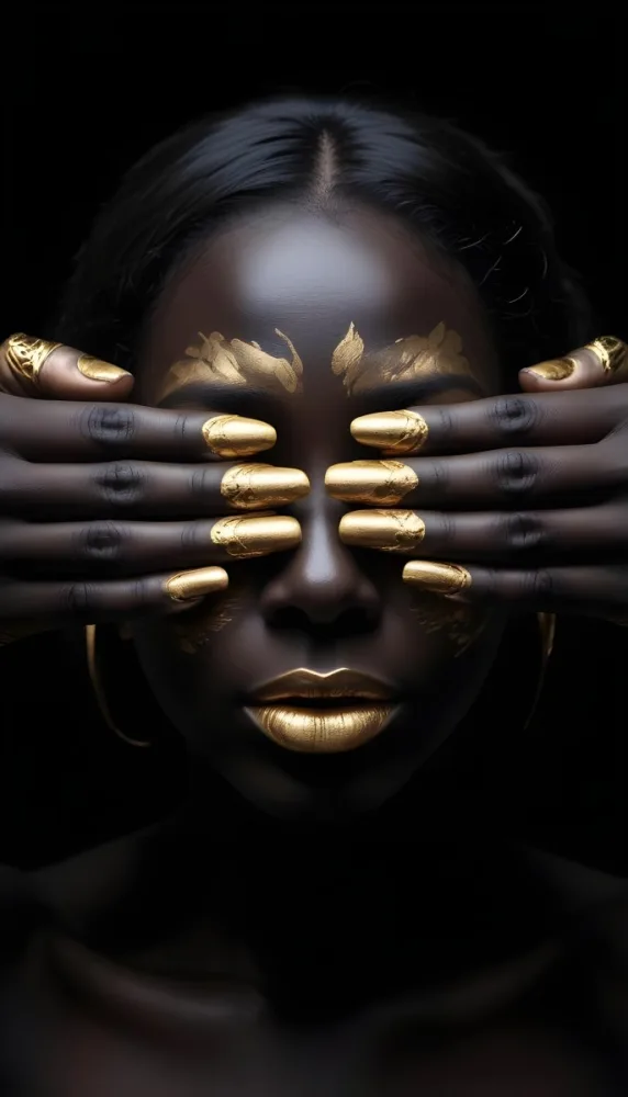 A Close Up Portrait Of A Dark Skinned Woman With Gold Painted Hands Covering Her Face Leaving Only Her Lips Visible 10 08cf
