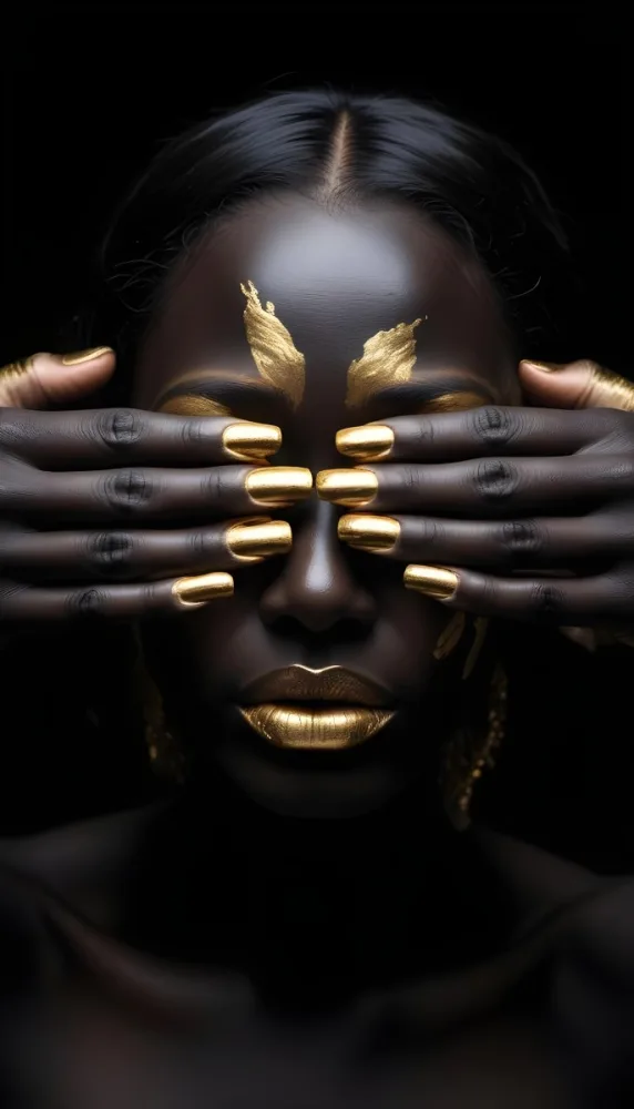 A Close Up Portrait Of A Dark Skinned Woman With Gold Painted Hands Covering Her Face Leaving Only Her Lips Visible 16 0eb0