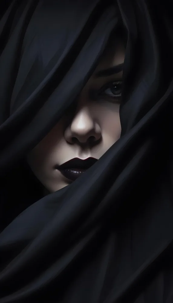 A Close Up Portrait Of A Woman S Face Partially Obscured By Dark Fabric With Dramatic Black Lips And Intense Gaze 4