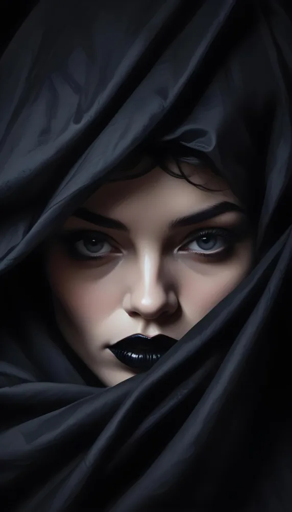 A Close Up Portrait Of A Woman S Face Partially Obscured By Dark Fabric With Dramatic Black Lips And Intense Gaze 7