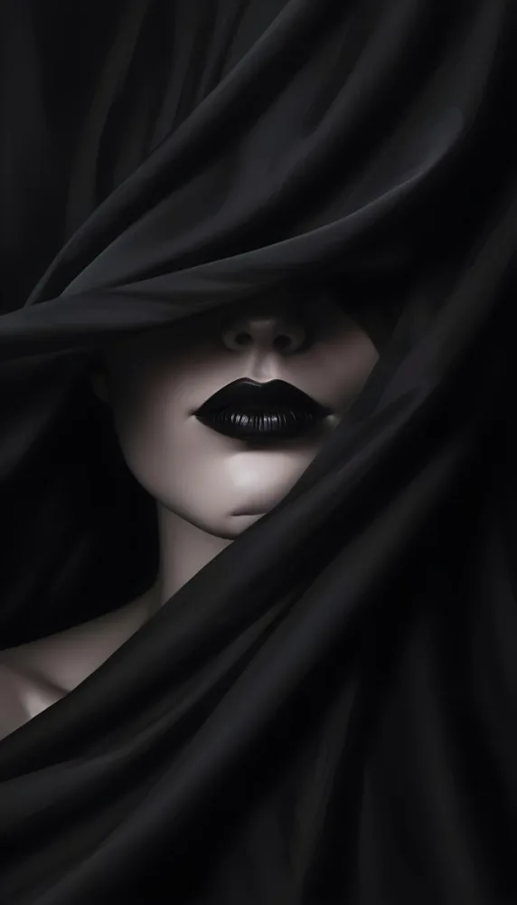 A Close Up Portrait Of A Woman S Face Partially Obscured By Dark Fabric With Dramatic Black Lips And Intense Gaze 8