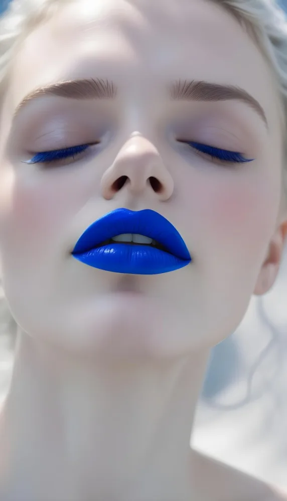 A Close Up Portrait Of A Woman With Bright Blue Lips And Eyes Closed 1 F86b