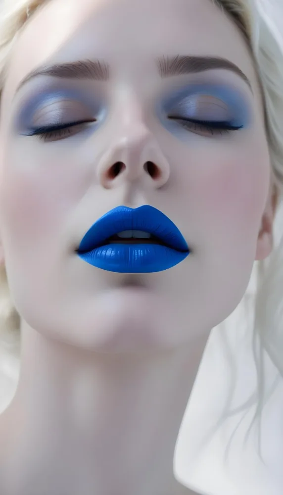 A Close Up Portrait Of A Woman With Bright Blue Lips And Eyes Closed 11 323a