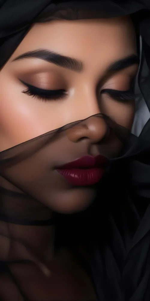 A Close Up Portrait Of A Woman With Dark Skin Full Lips Painted In A Deep Red Lipstick And Long Eyelashes She Is Wearing A Sheer Black Veil Or Scarf That Partially Obscures Her Face Creating A Mysterious And Dra 11 07b5