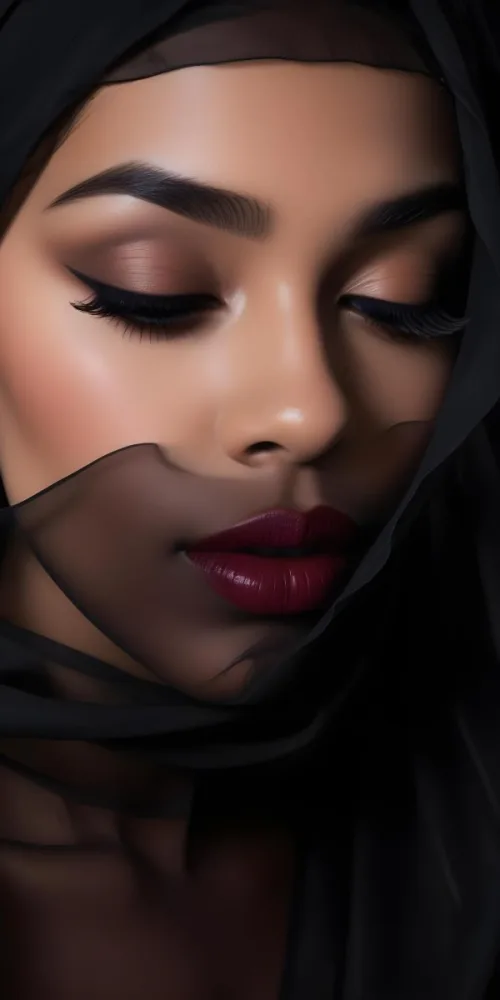A Close Up Portrait Of A Woman With Dark Skin Full Lips Painted In A Deep Red Lipstick And Long Eyelashes She Is Wearing A Sheer Black Veil Or Scarf That Partially Obscures Her Face Creating A Mysterious And Dra 14 Eb5c