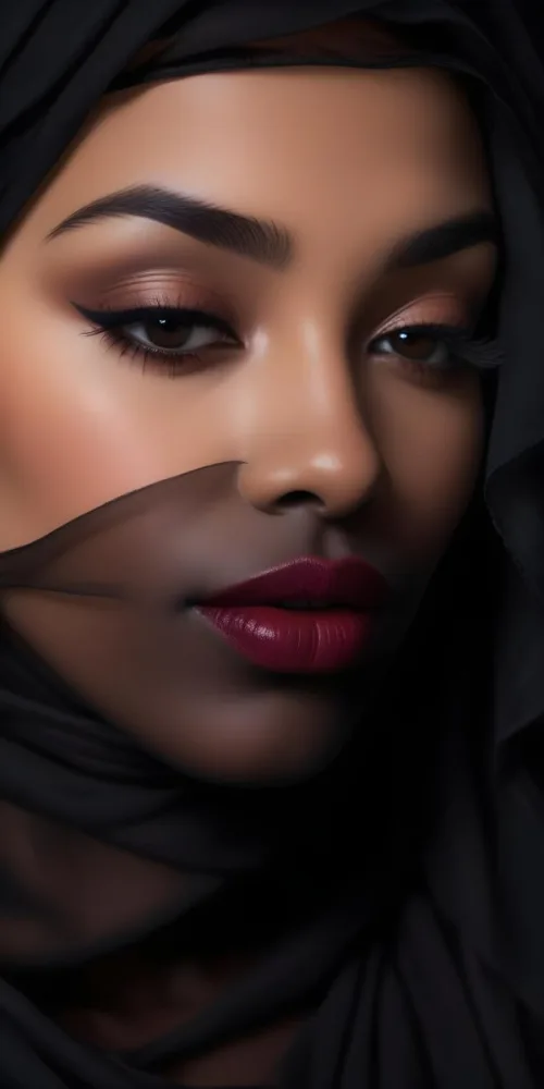 A Close Up Portrait Of A Woman With Dark Skin Full Lips Painted In A Deep Red Lipstick And Long Eyelashes She Is Wearing A Sheer Black Veil Or Scarf That Partially Obscures Her Face Creating A Mysterious And Dra 27 E95a