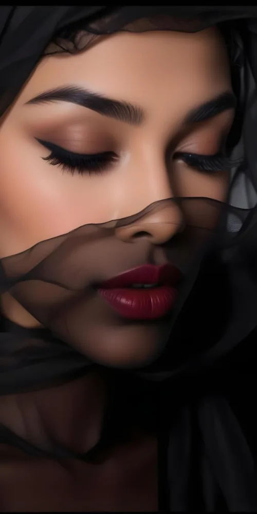 A Close Up Portrait Of A Woman With Dark Skin Full Lips Painted In A Deep Red Lipstick And Long Eyelashes She Is Wearing A Sheer Black Veil Or Scarf That Partially Obscures Her Face Creating A Mysterious And Dra 3 C580