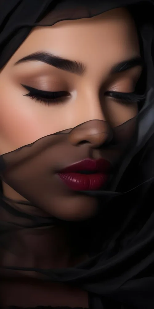 A Close Up Portrait Of A Woman With Dark Skin Full Lips Painted In A Deep Red Lipstick And Long Eyelashes She Is Wearing A Sheer Black Veil Or Scarf That Partially Obscures Her Face Creating A Mysterious And Dra 4 4238