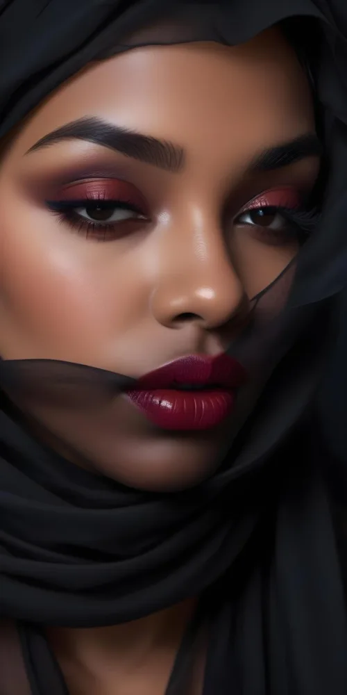 A Close Up Portrait Of A Woman With Dark Skin Full Lips Painted In A Deep Red Lipstick And Long Eyelashes She Is Wearing A Sheer Black Veil Or Scarf That Partially Obscures Her Face Creating A Mysterious And Dra 5 D12f