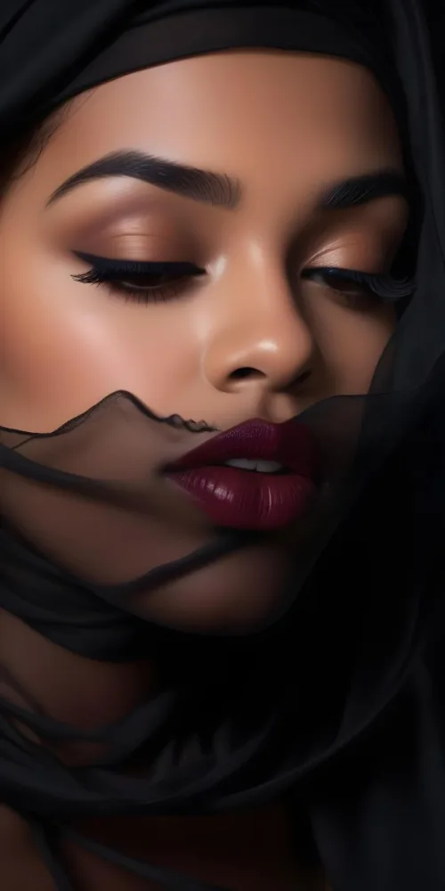 A Close Up Portrait Of A Woman With Dark Skin Full Lips Painted In A Deep Red Lipstick And Long Eyelashes She Is Wearing A Sheer Black Veil Or Scarf That Partially Obscures Her Face Creating A Mysterious And Dra 6 Dace