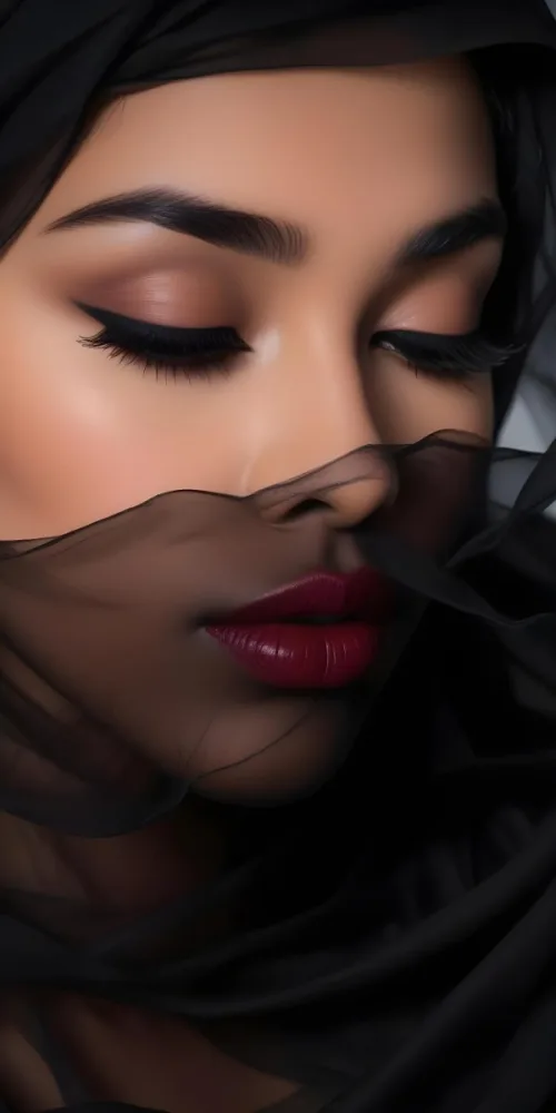 A Close Up Portrait Of A Woman With Dark Skin Full Lips Painted In A Deep Red Lipstick And Long Eyelashes She Is Wearing A Sheer Black Veil Or Scarf That Partially Obscures Her Face Creating A Mysterious And Dra 7 49fe