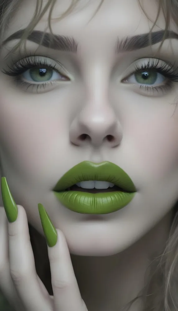 A Close Up Portrait Of A Woman With Green Lips And Long Eyelashes Against A Blurred Background 11 9d1a
