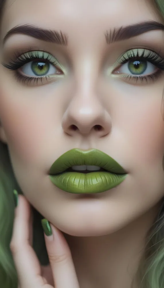 A Close Up Portrait Of A Woman With Green Lips And Long Eyelashes Against A Blurred Background 23 6eb7