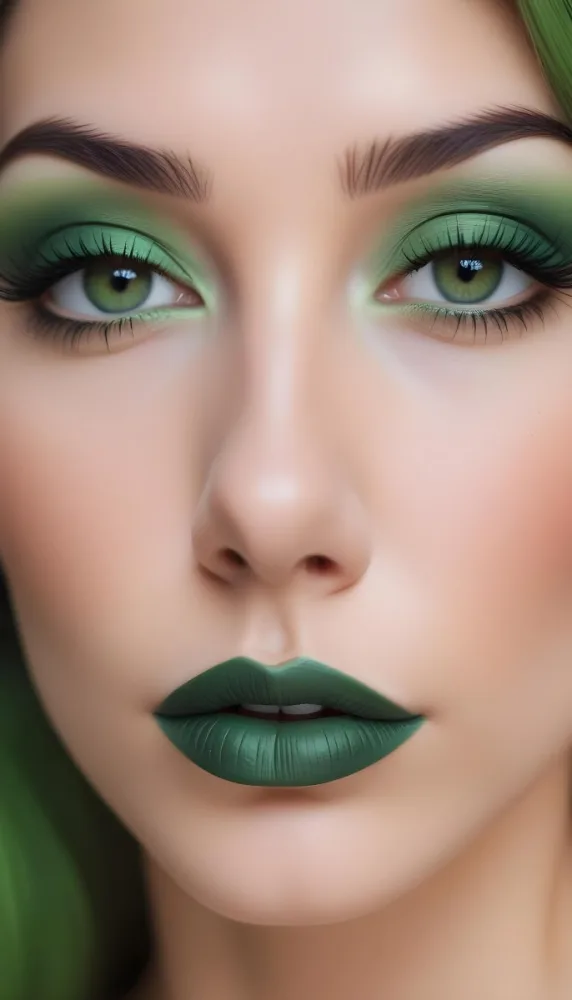 A Close Up Portrait Of A Woman With Green Lips And Long Eyelashes Against A Blurred Background 29 Ef27