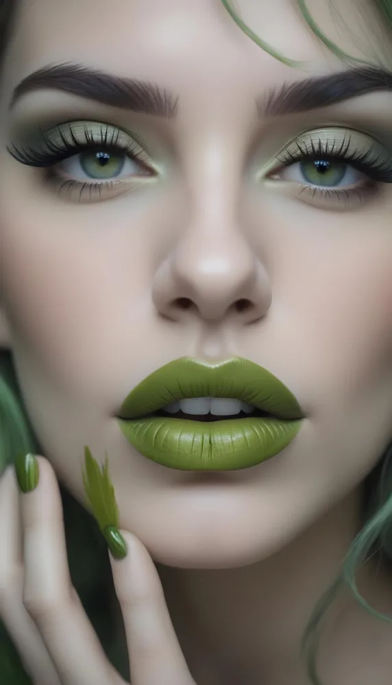 A Close Up Portrait Of A Woman With Green Lips And Long Eyelashes Against A Blurred Background 5 Fea1