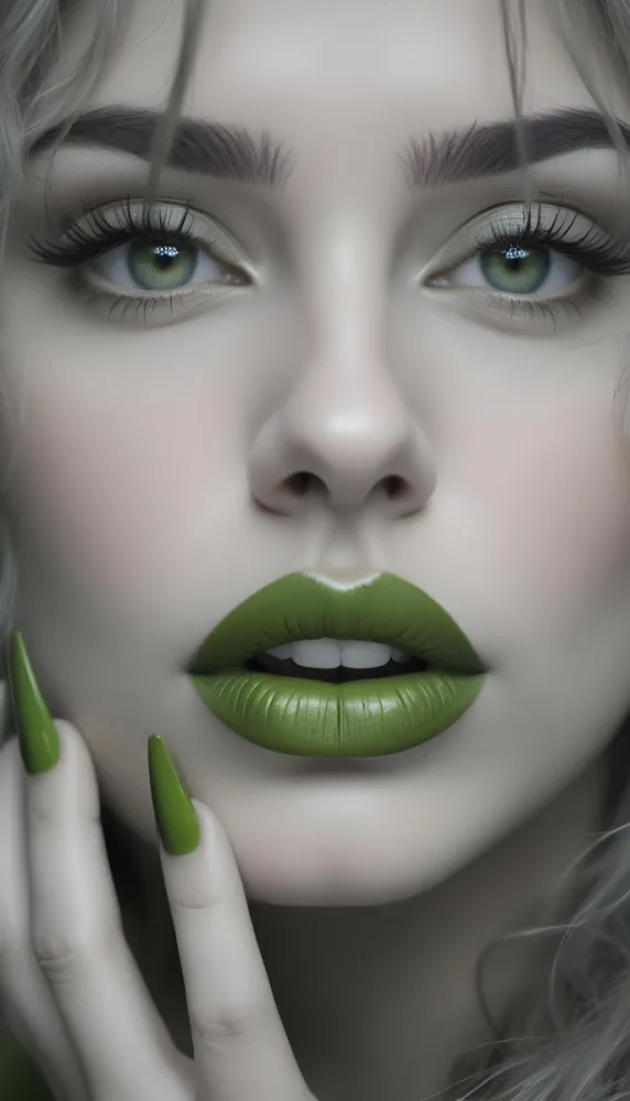 A Close Up Portrait Of A Woman With Green Lips And Long Eyelashes Against A Blurred Background 6 06ec