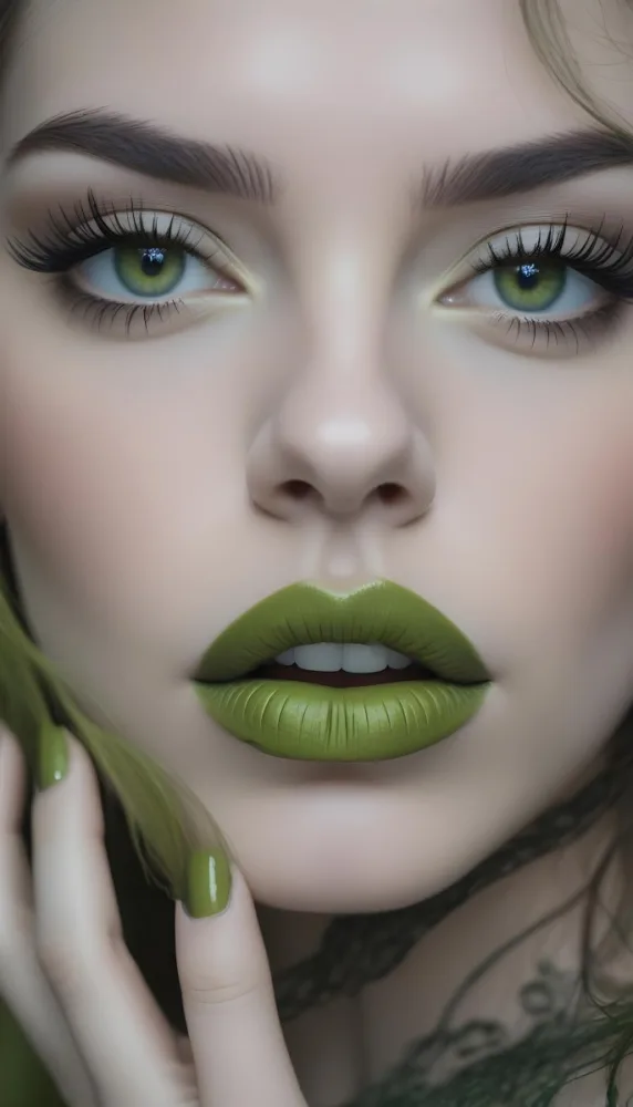 A Close Up Portrait Of A Woman With Green Lips And Long Eyelashes Against A Blurred Background 7 09ba