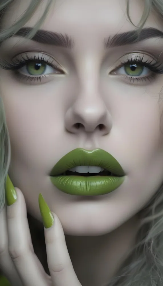A Close Up Portrait Of A Woman With Green Lips And Long Eyelashes Against A Blurred Background 8 075d