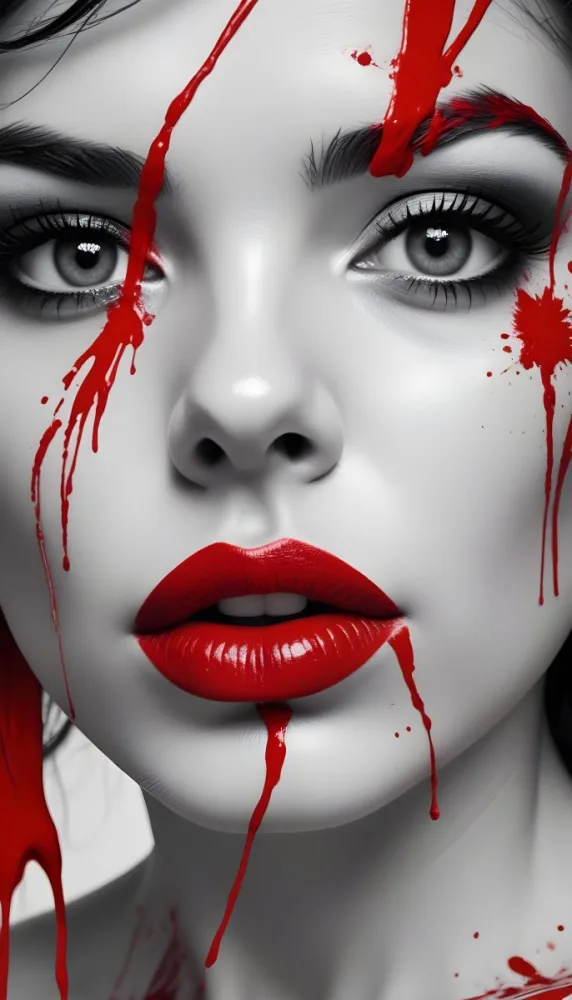 A Close Up Portrait Of A Woman With Striking Red Lips Dramatic Eye Makeup And Red Paint Or Paint Splattered Across Her Face The Image Has A Bold High Contrast Black And White Style With The Red Accents Drawing The Vie 13 5212
