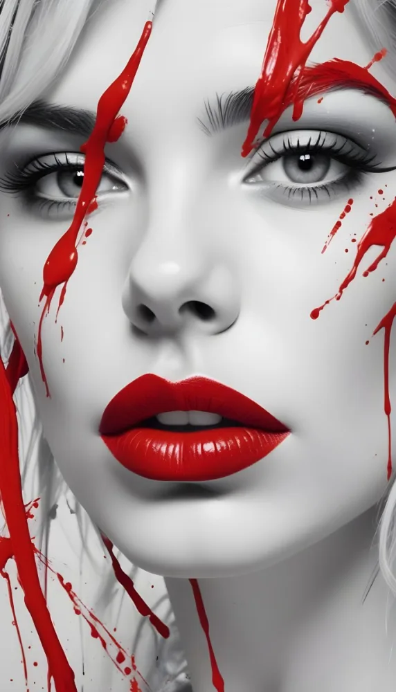 A Close Up Portrait Of A Woman With Striking Red Lips Dramatic Eye Makeup And Red Paint Or Paint Splattered Across Her Face The Image Has A Bold High Contrast Black And White Style With The Red Accents Drawing The Vie 22 023f