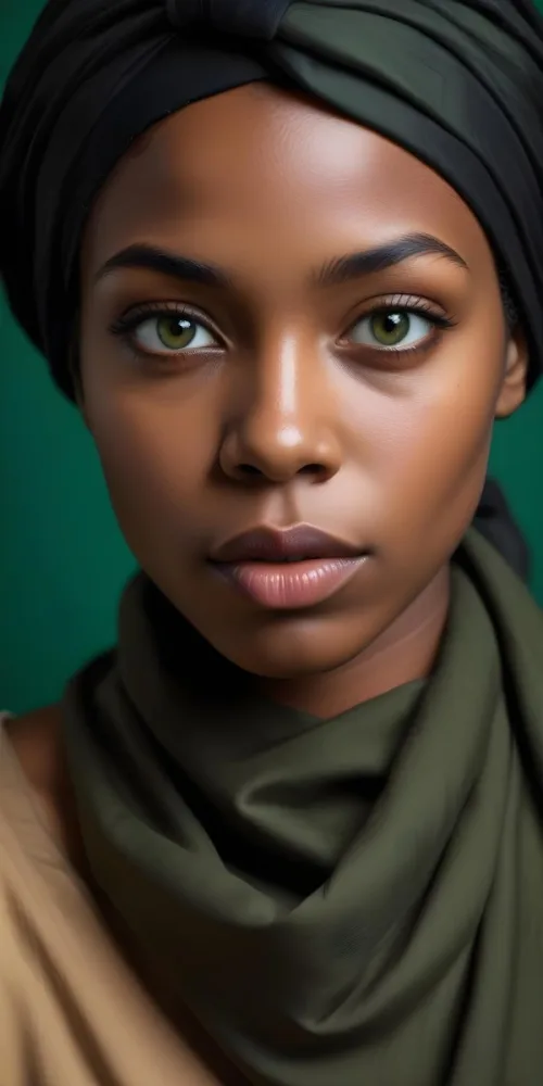 A Close Up Portrait Of A Young African American Woman With Dark Skin Full Lips And Striking Green Eyes She Is Wearing A Black Headscarf And Appears To Be Looking Directly At The Camera With A Serious Expression 12 Bbb3