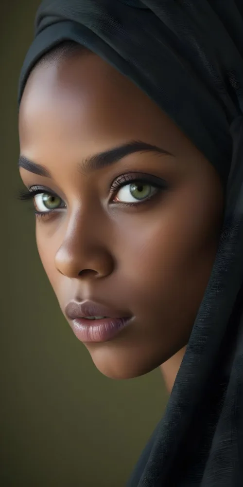 A Close Up Portrait Of A Young African American Woman With Dark Skin Full Lips And Striking Green Eyes She Is Wearing A Black Headscarf And Appears To Be Looking Directly At The Camera With A Serious Expression 7 Bb53
