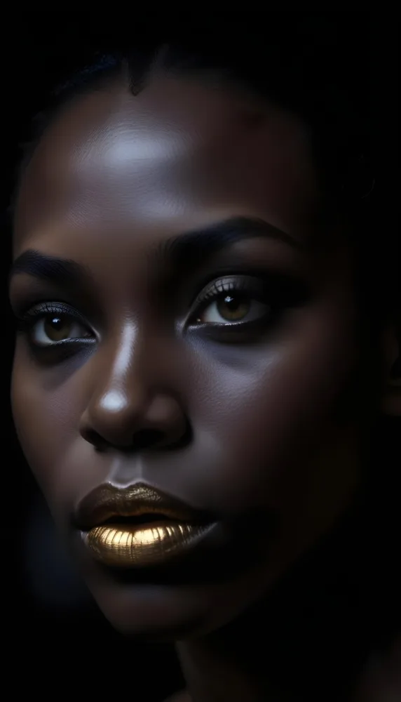 A Close Up Portrait Of A Young African Woman With Dark Skin Full Lips And Intense Eyes The Image Has Dramatic High Contrast Lighting That Creates A Moody Mysterious Atmosphere 10 9d9b