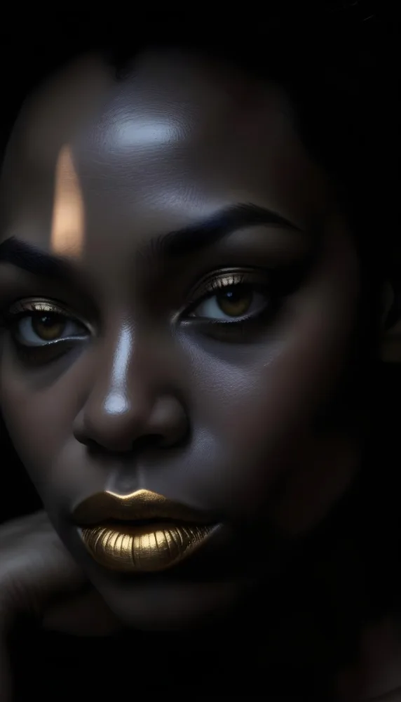 A Close Up Portrait Of A Young African Woman With Dark Skin Full Lips And Intense Eyes The Image Has Dramatic High Contrast Lighting That Creates A Moody Mysterious Atmosphere 20 3d9b