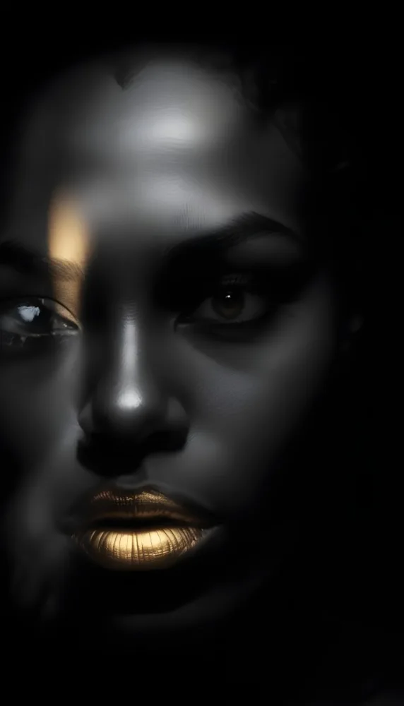 A Close Up Portrait Of A Young African Woman With Dark Skin Full Lips And Intense Eyes The Image Has Dramatic High Contrast Lighting That Creates A Moody Mysterious Atmosphere 27 E659